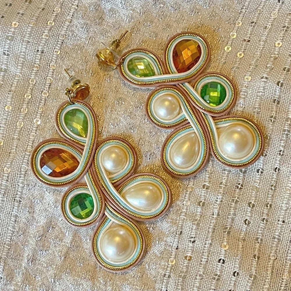 Handmade Soutache Statement Earrings Pearl Crystal Drop
